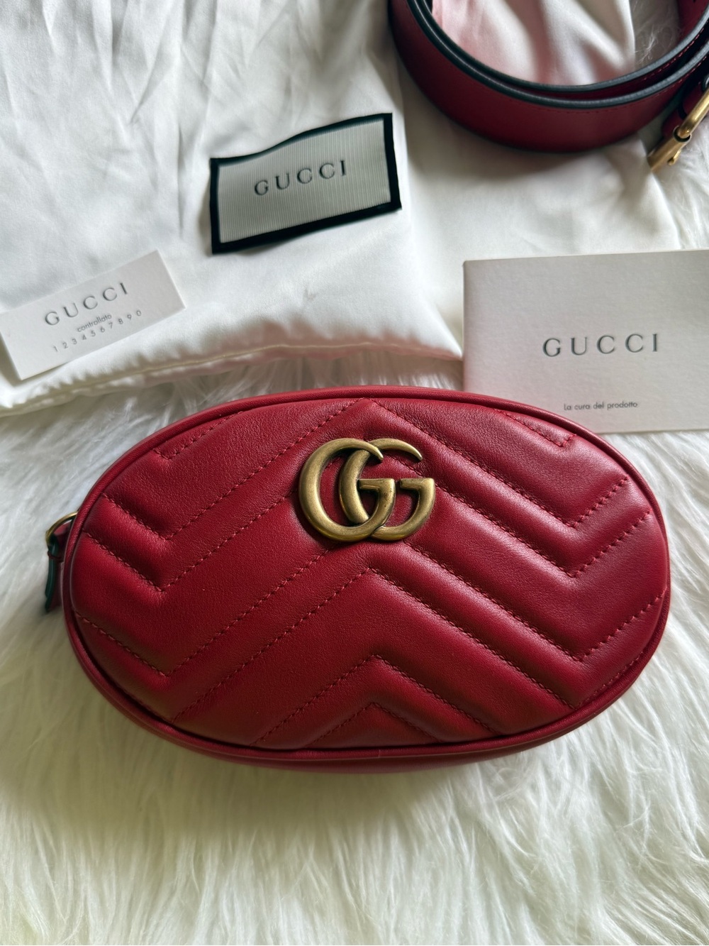Gucci Red GG Marmont Quilted Oval Belt Bag firm price